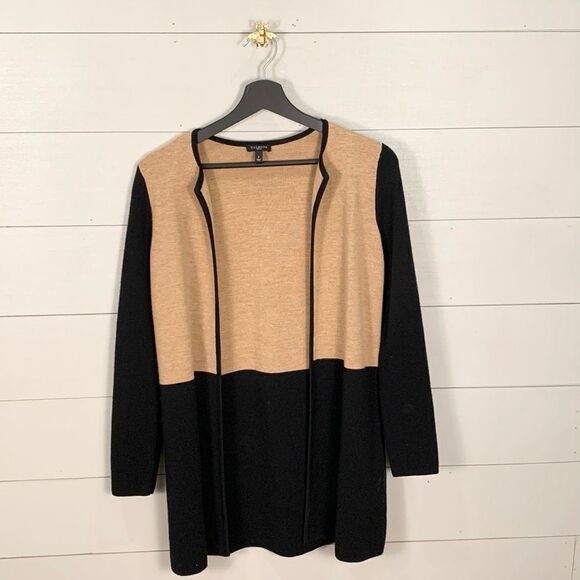 Talbots open front longline wool blend color block cardigan petite brown black - Picture 1 of 8